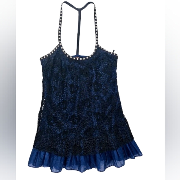 Free People Black Lace Over Blue Dress Studded Straps - Picture 1 of 13